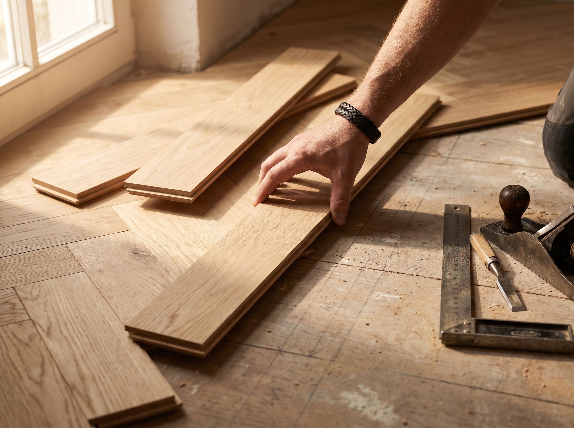 Craftsman laying oak parquet in a period building