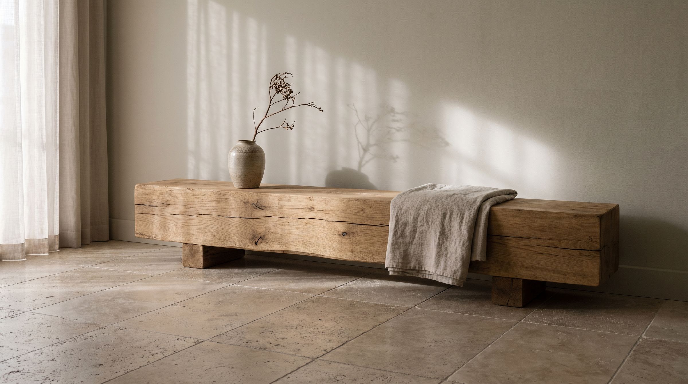 Oak bench on a travertine floor in soft daylight