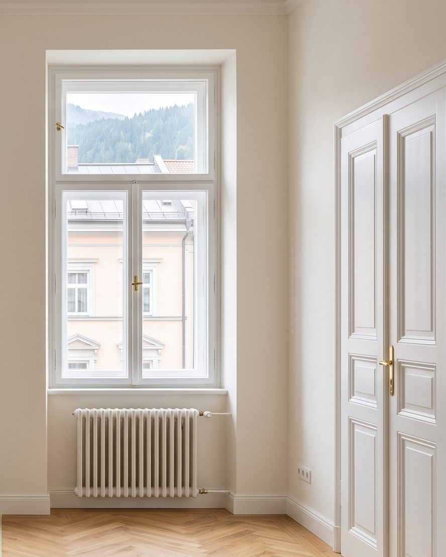 Period room with mountain view: left before renovation, right after
