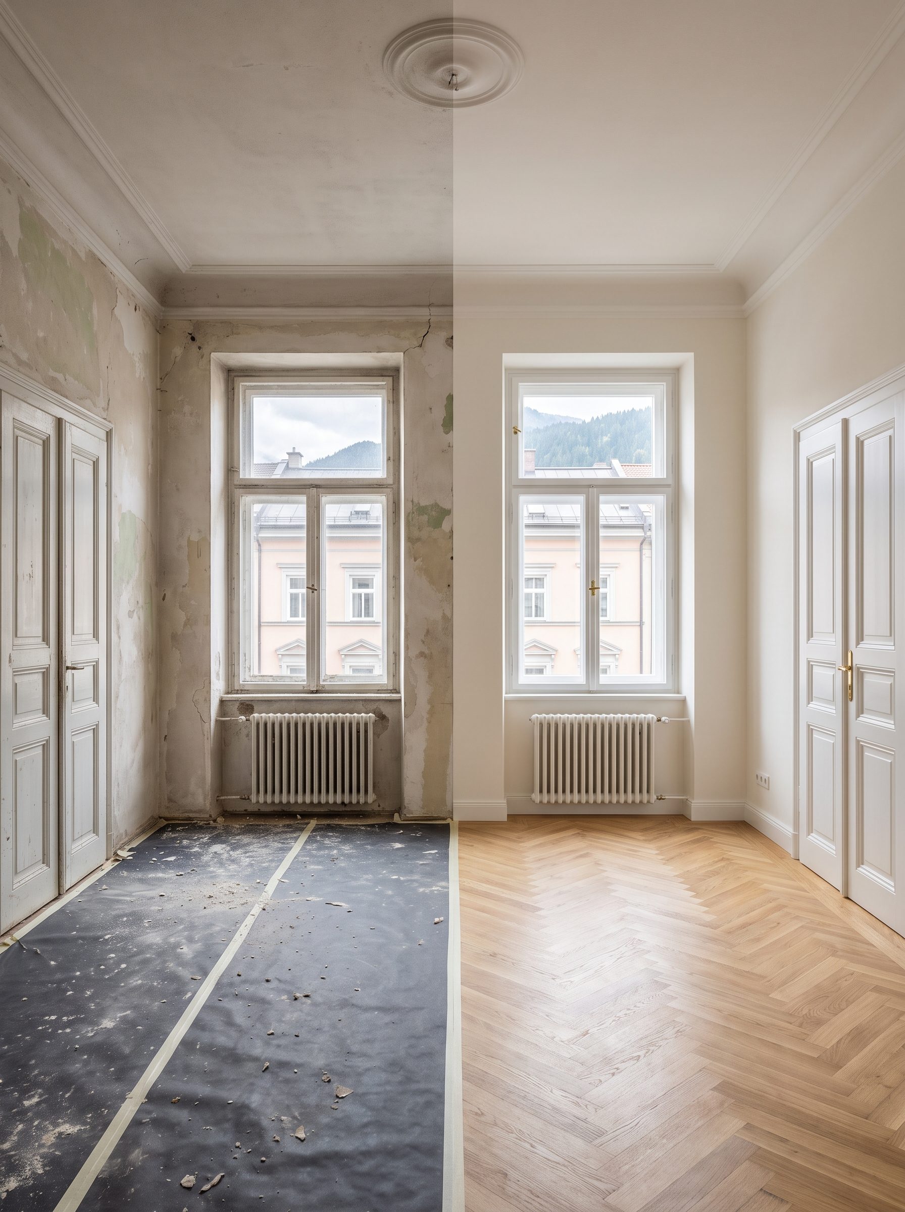 Period room with mountain view: left before renovation, right after